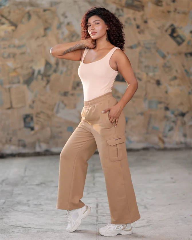 Wide Leg Cargo Sweat Pant in camel