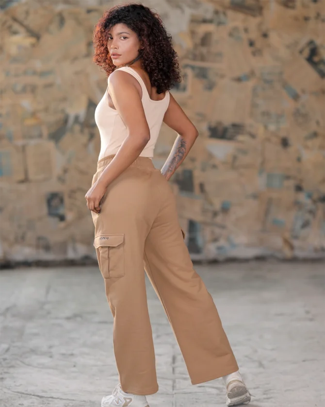 Wide Leg Cargo Sweat Pant in camel