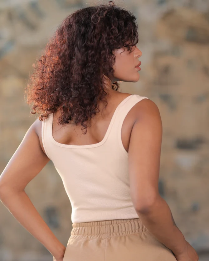 Square Neck Ribbed Bodysuit in Beige