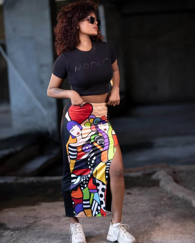 Printed Tight fit Skirt with Side Open