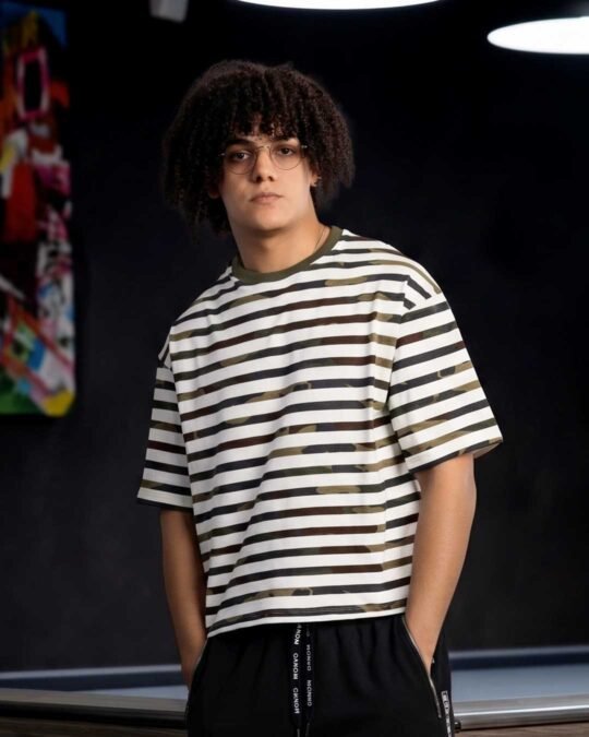 Crop Box Fit Oversized T-Shirt with Camo Stripe